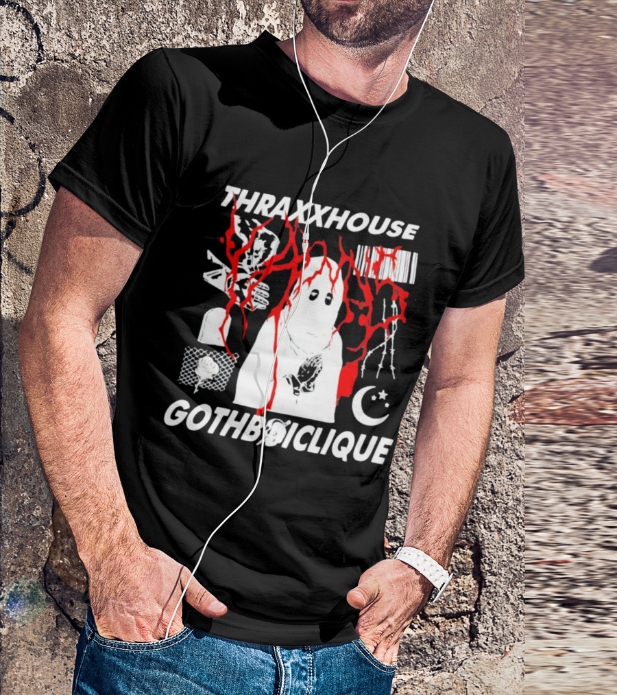 Thraxxhouse Gothboiclique Praying Figure With Barcode Rose Crescent Moon And Abstract Red Streaks T-Shirt