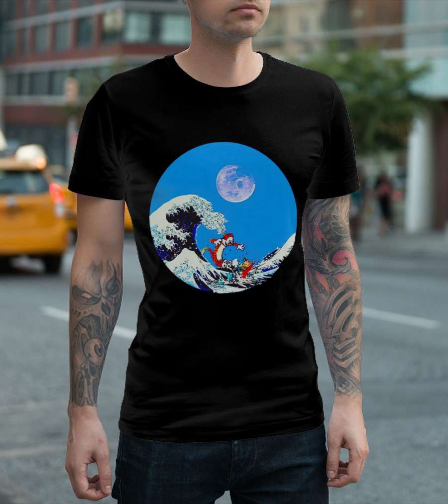 Calvin and Hobbes Lovers Great Wave Moon Adventure T-Shirt