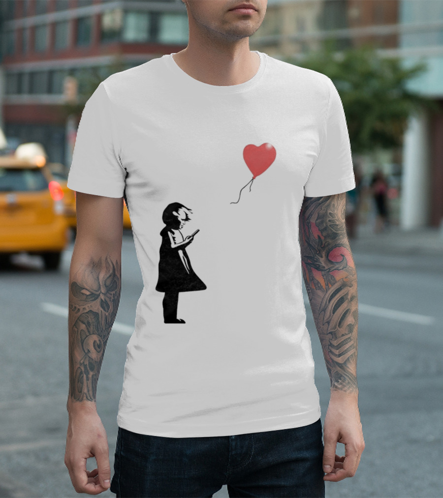 Girl with Phone Heart Balloon Black Dark Shadow T-Shirt
