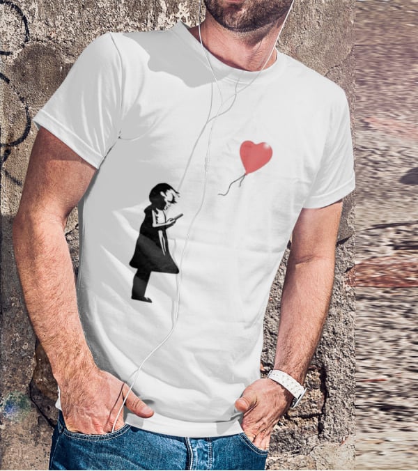 Girl With Phone Heart Balloon Black Dark Shadow T-Shirt