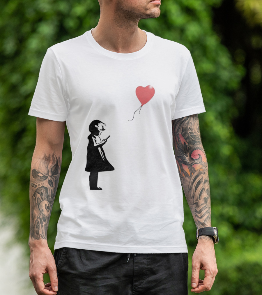 Girl With Phone Heart Balloon Black Dark Shadow T-Shirt