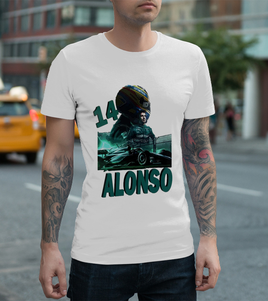 14 Alonso Aramco Racing Helmet and Car T-Shirt