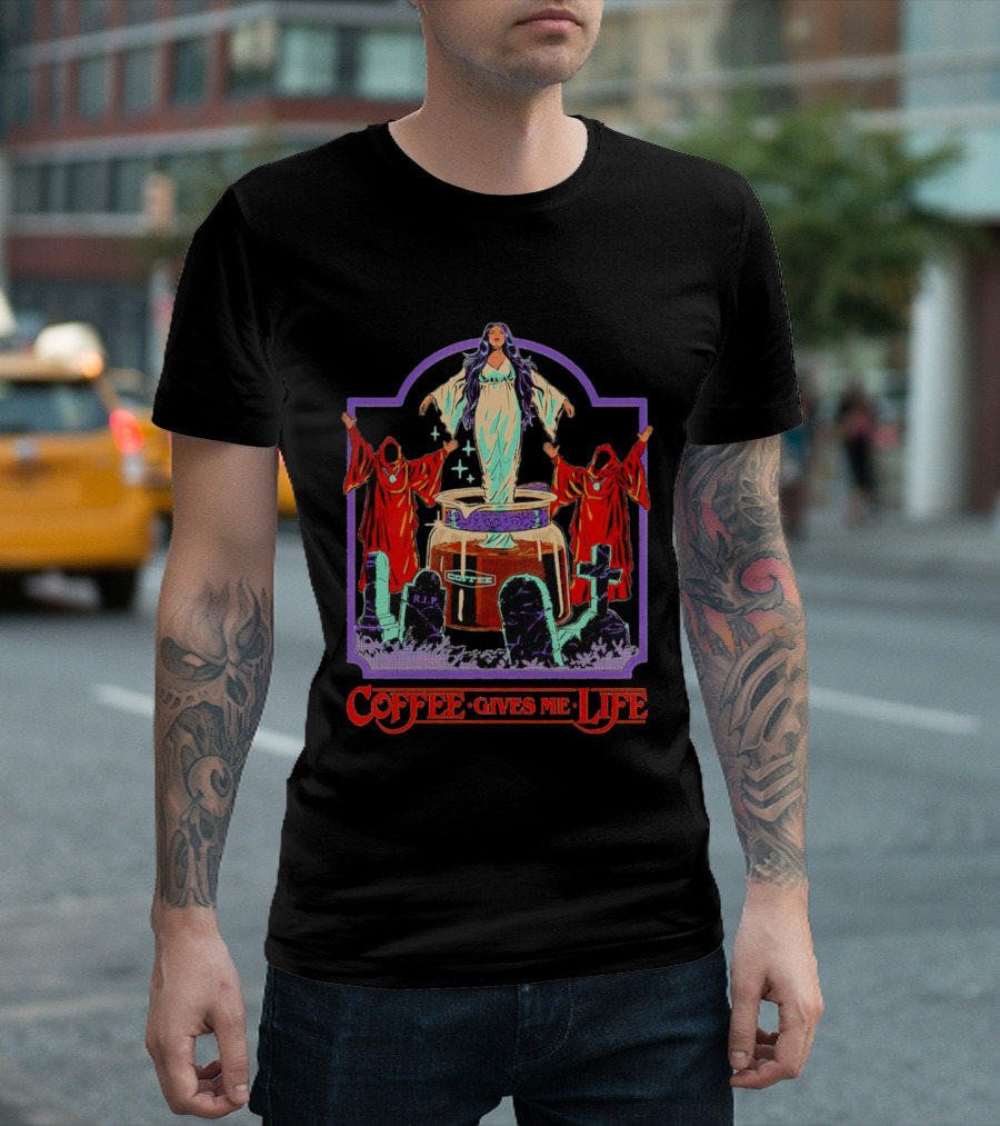 COFFEE GIVES ME LIFE Enchantress and Ritual Scene with Tombstones T-Shirt