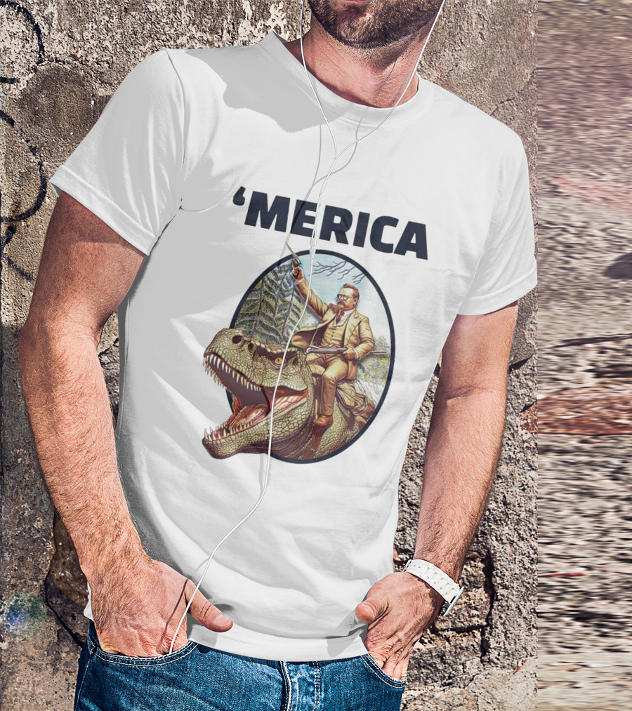 Theodore Roosevelt Riding Dinosaur ‘Merica Patriotic Adventure Scene T-Shirt