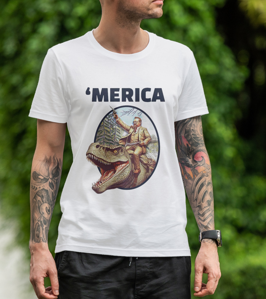 Theodore Roosevelt Riding Dinosaur ‘Merica Patriotic Adventure Scene T-Shirt