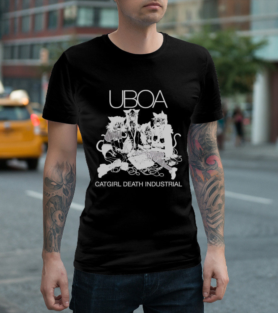 UBOA Catgirl Death Industrial White Text and Figures T-Shirt