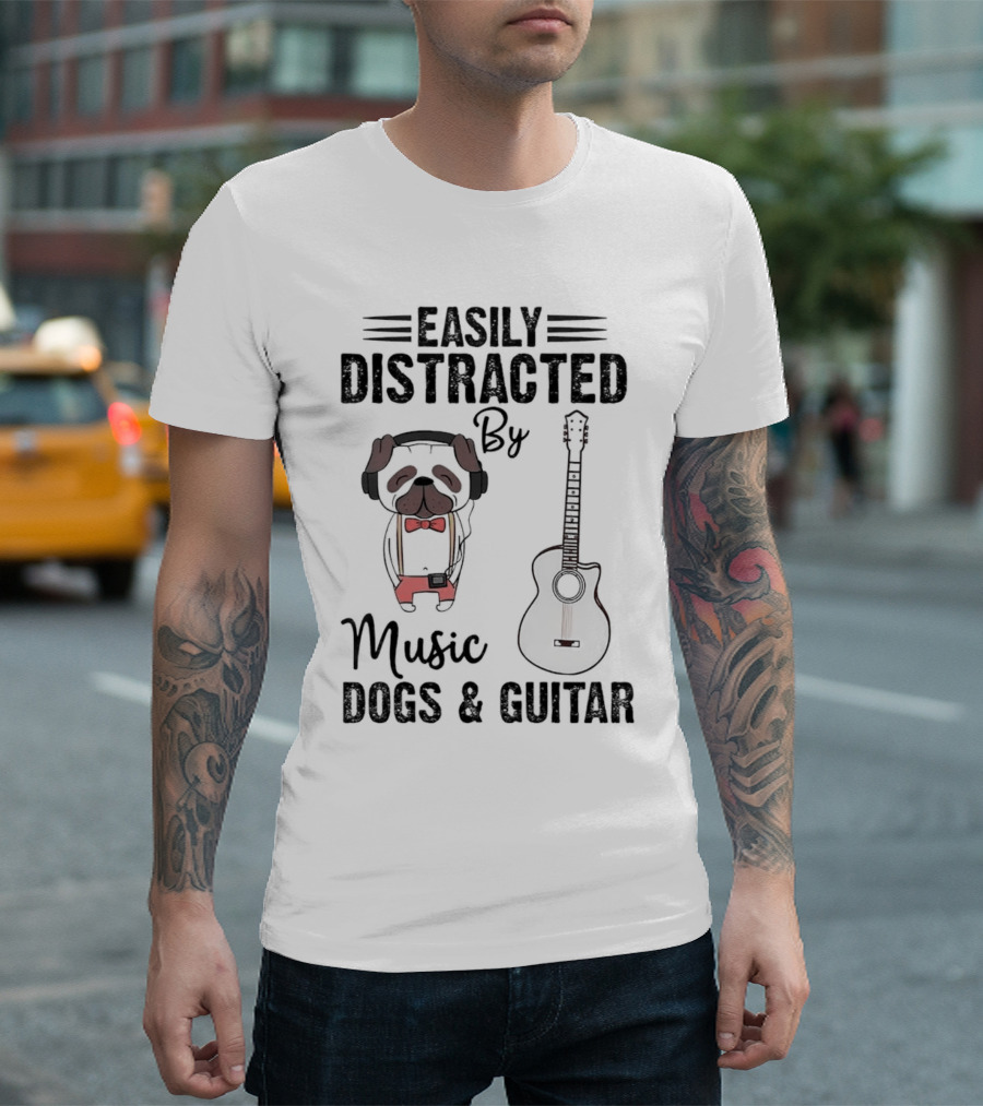 Easily Distracted By Music Dogs and Guitar T-Shirt