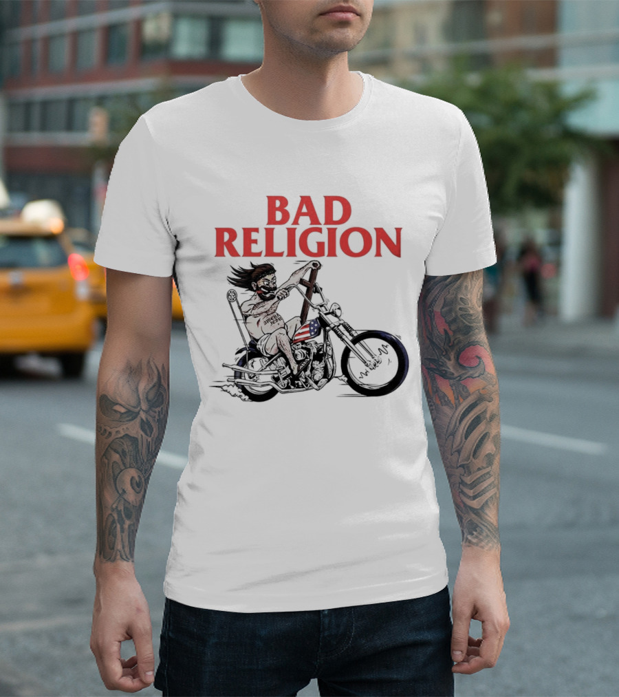 Bad Religion Motorcycle Rider With American Flag Details T-Shirt