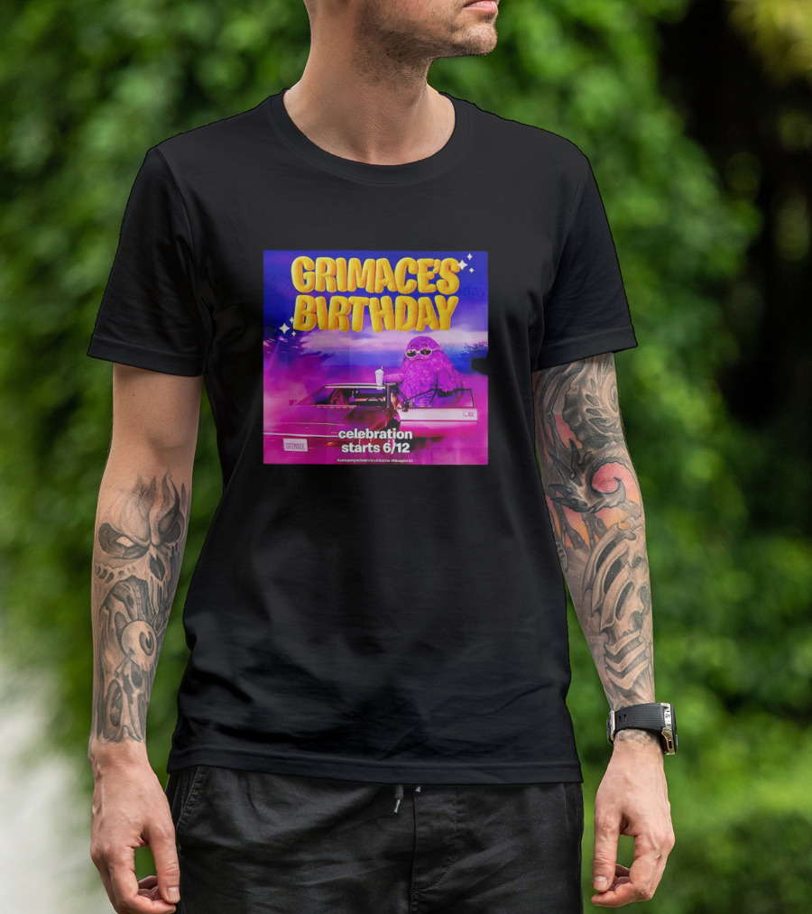 Grimace's Birthday Celebration Starts 6/12 With Purple Character And Sunglasses T-Shirt
