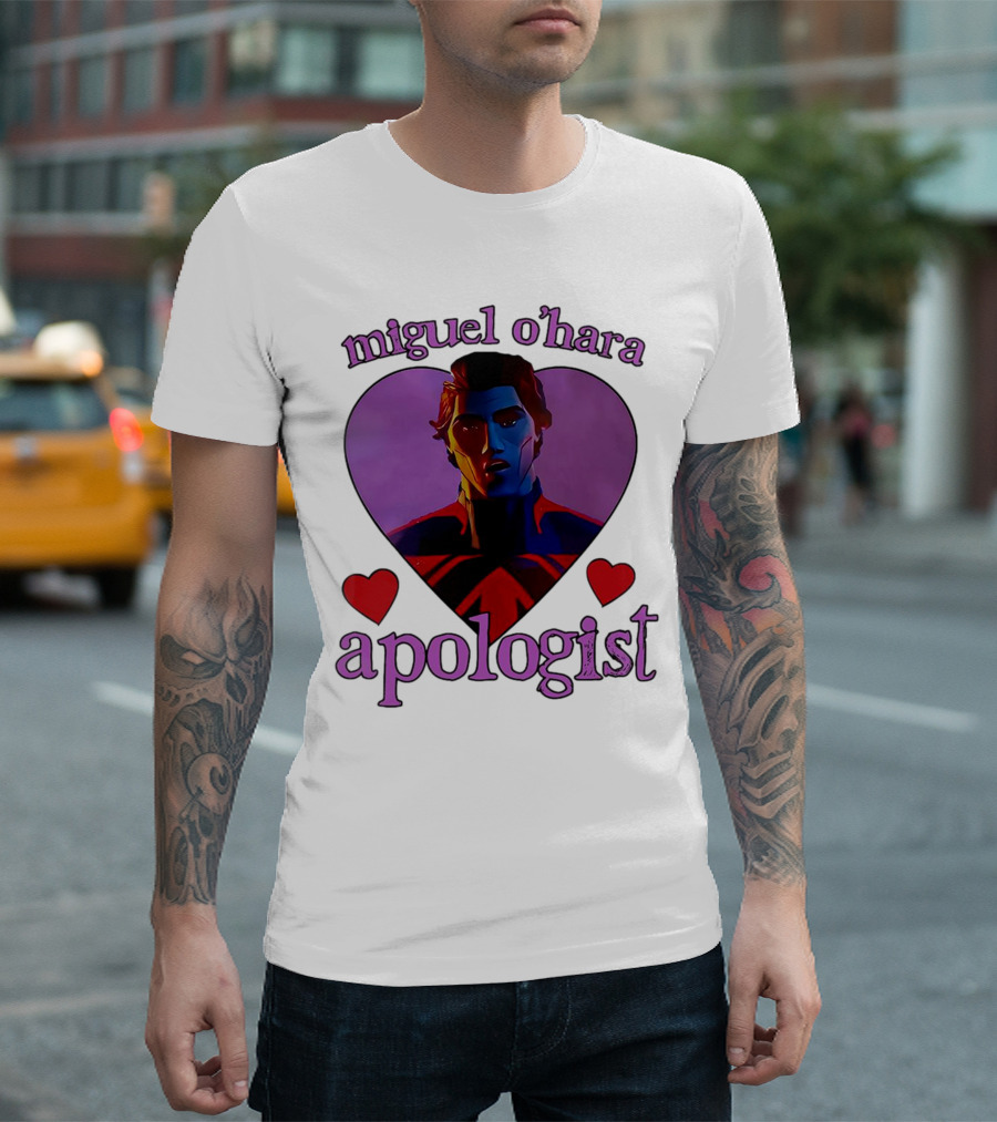 Miguel O’Hara Apologist Love Heart with Heroic Figure in Purple and Red Hearts T-Shirt