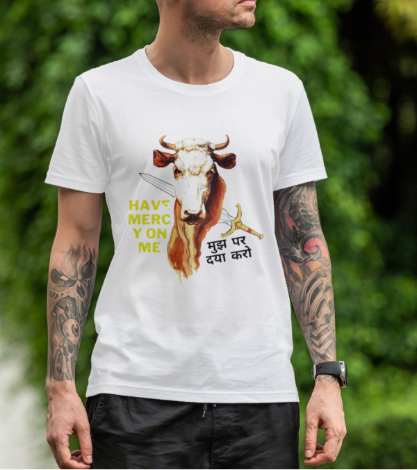 Have Mercy On Me Cow With Sword And Hindi Text T-Shirt