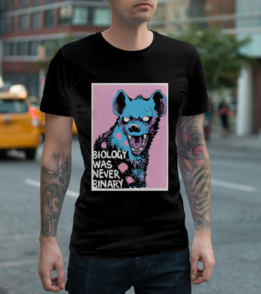 Biology Was Never Binary Blue Hyena Pink Background T-Shirt