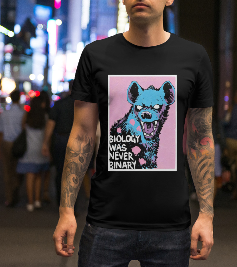 Biology Was Never Binary Blue Hyena Pink Background T-Shirt