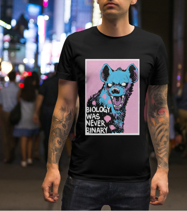 Biology Was Never Binary Blue Hyena Pink Background T-Shirt