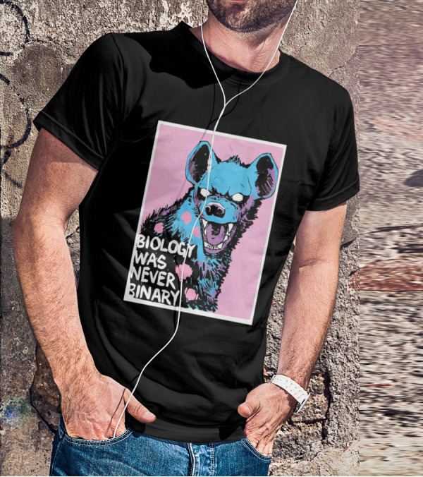 Biology Was Never Binary Blue Hyena Pink Background T-Shirt
