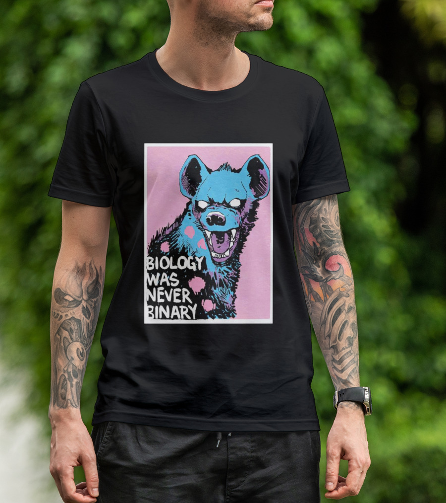 Biology Was Never Binary Blue Hyena Pink Background T-Shirt