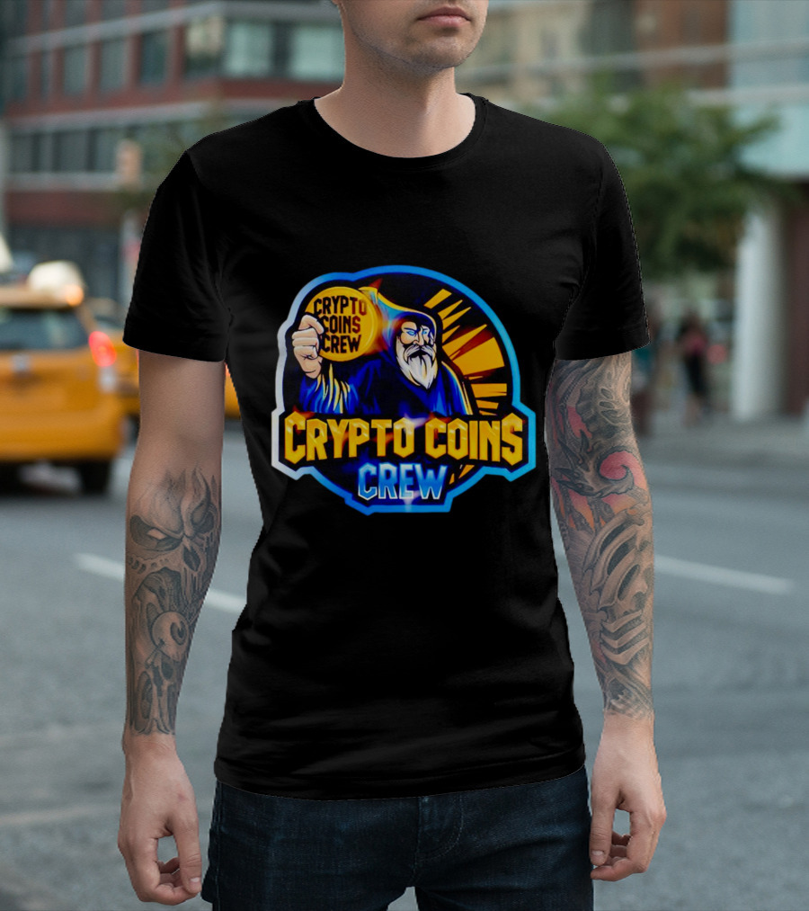 Crypto Coins Crew Wizard with Coin Badge T-Shirt