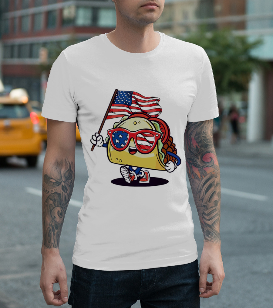 4th Of July Taco With Sunglasses Holding American Flag USA T-Shirt