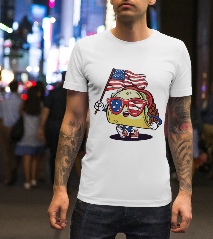 4th Of July Taco With Sunglasses Holding American Flag USA T-Shirt