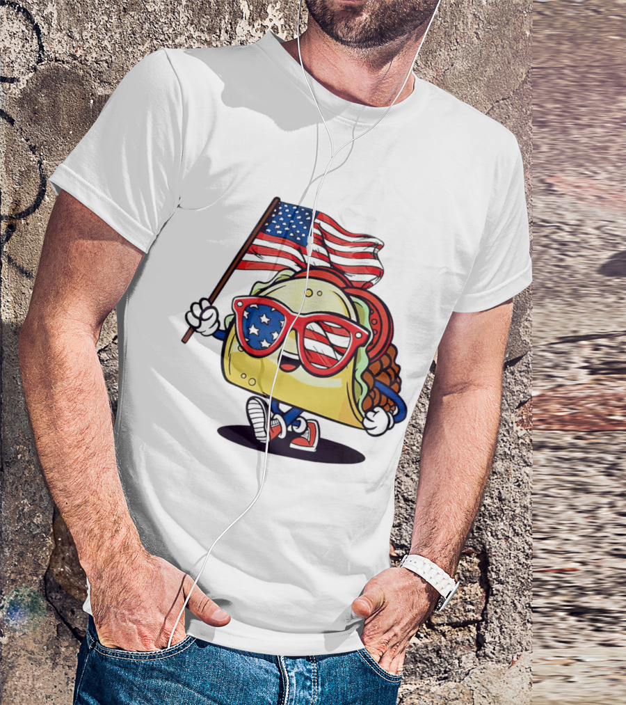4th Of July Taco With Sunglasses Holding American Flag USA T-Shirt