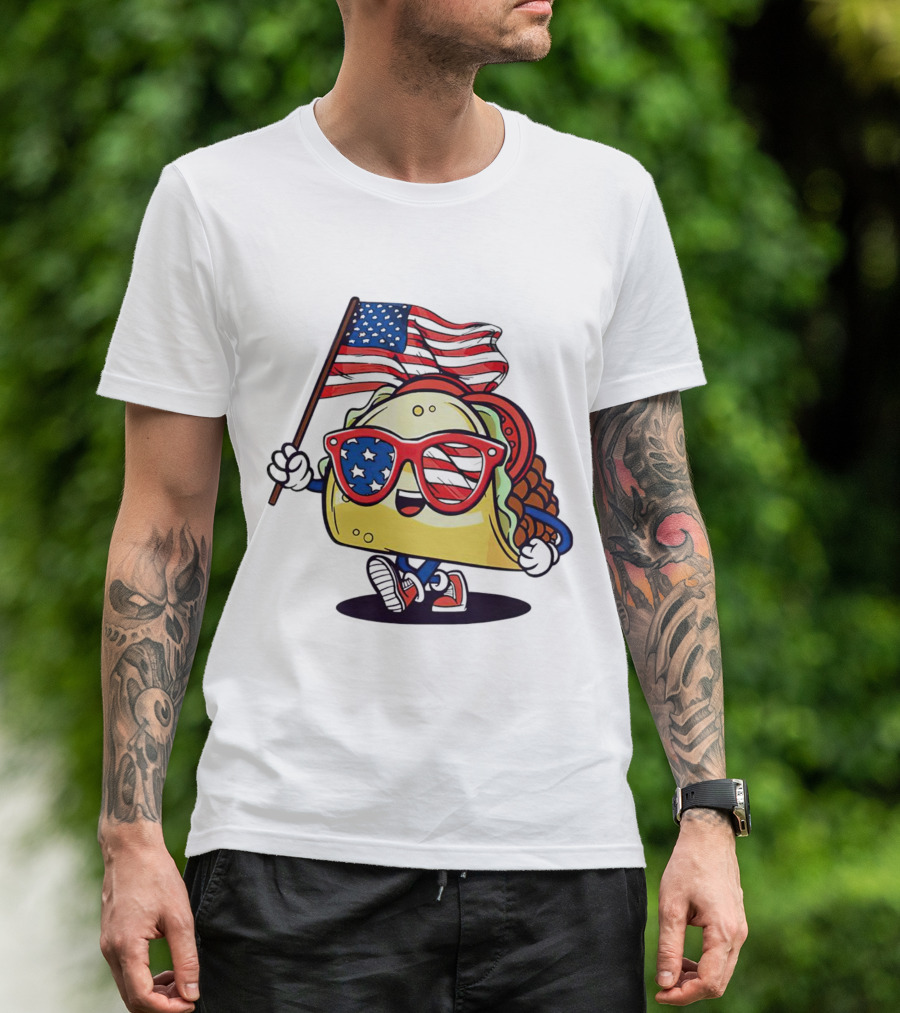 4th Of July Taco With Sunglasses Holding American Flag USA T-Shirt
