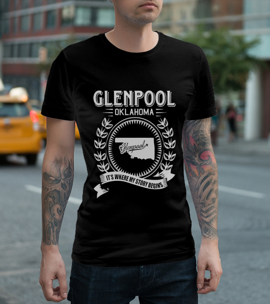 Glenpool Oklahoma It's Where My Story Begins Location Map And Laurel Wreath T-Shirt