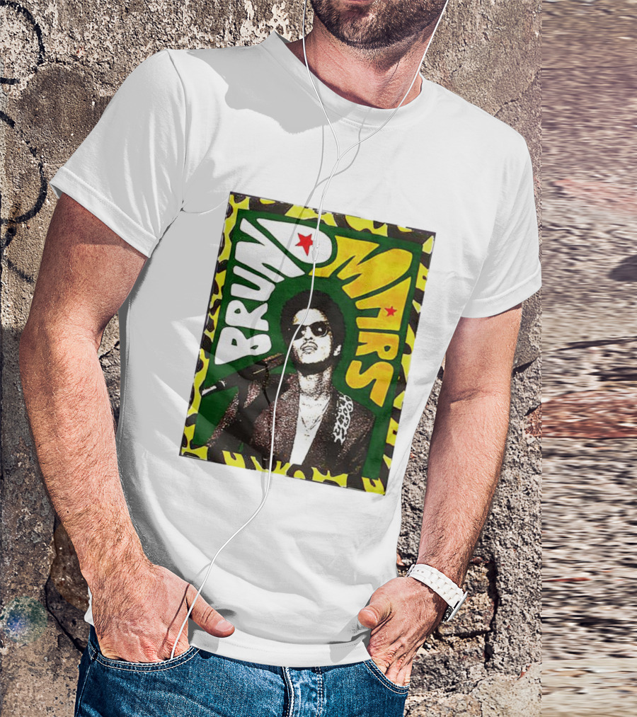 Bruno Mars Retro Style Portrait With Microphone And Stars T-Shirt