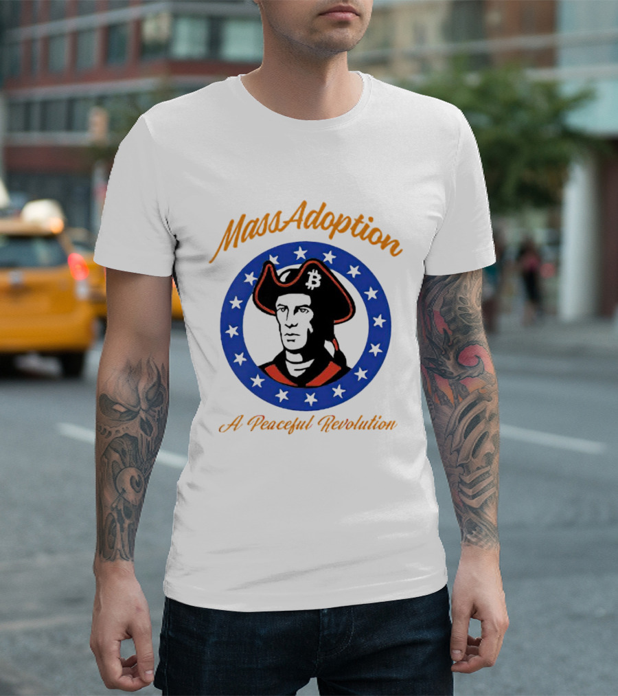 MassAdoption A Peaceful Revolution Bitcoin Colonial Figure in Blue Star Circle T-Shirt