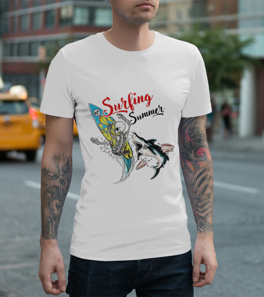 Surfing Summer Skeleton Battling Shark Adventure T-Shirt