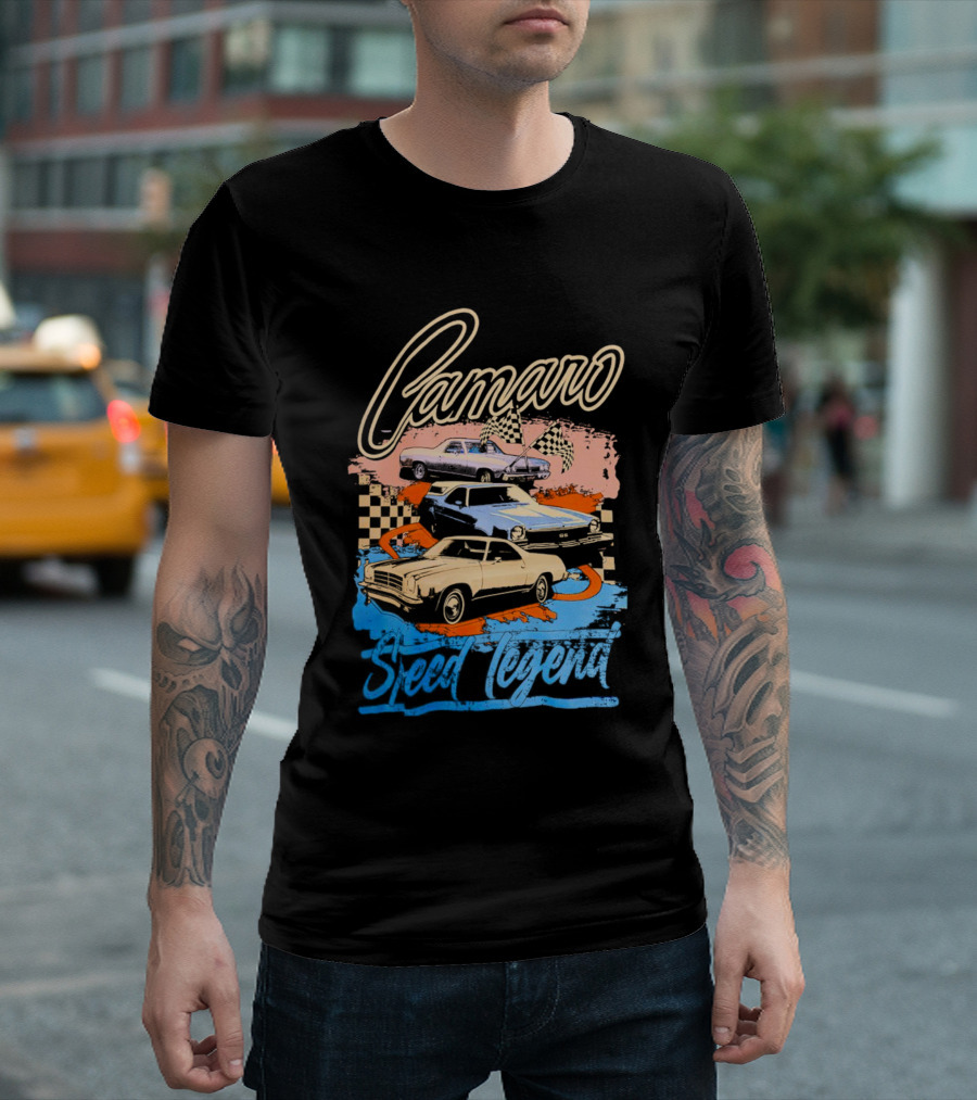 Camaro Speed Legend Vintage Racing Cars Checkered Flags T-Shirt