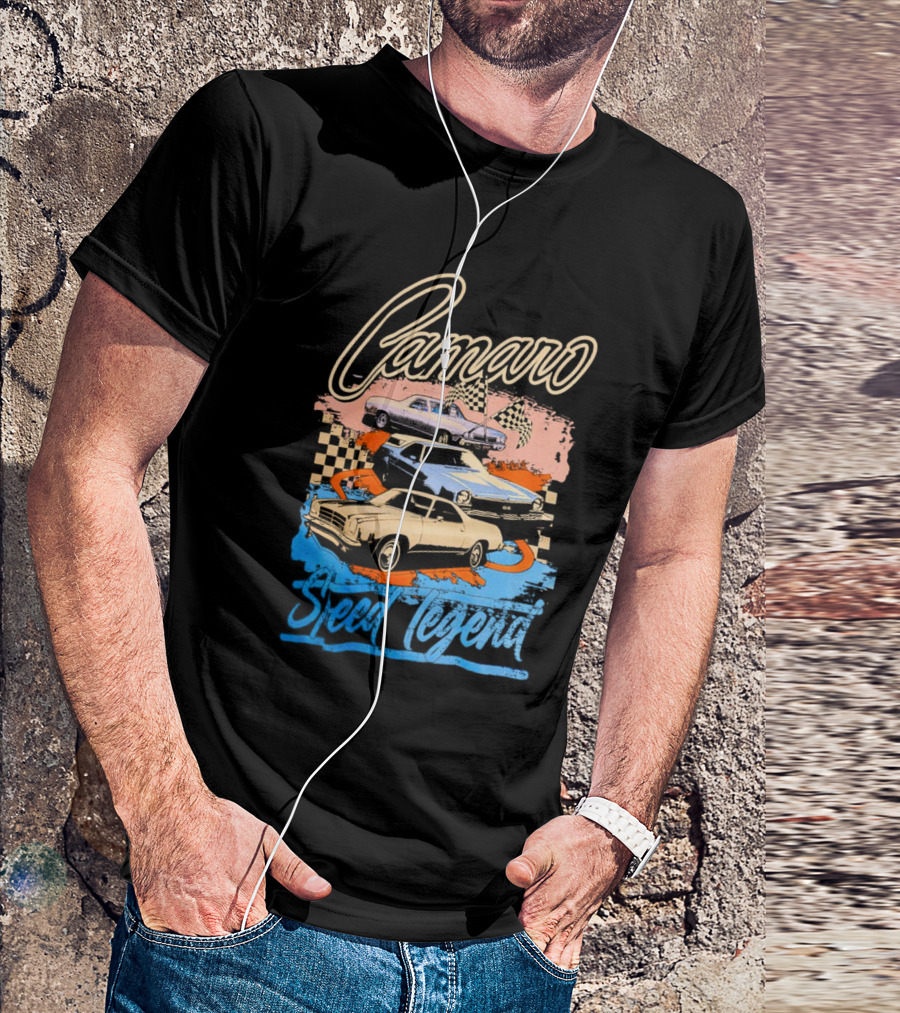 Camaro Speed Legend Vintage Racing Cars Checkered Flags T-Shirt