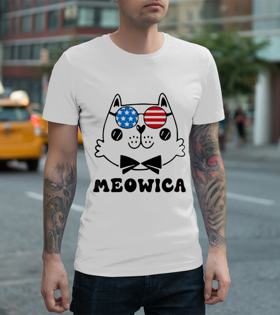 Meowica America Cat in Patriotic Star and Stripe Sunglasses T-Shirt