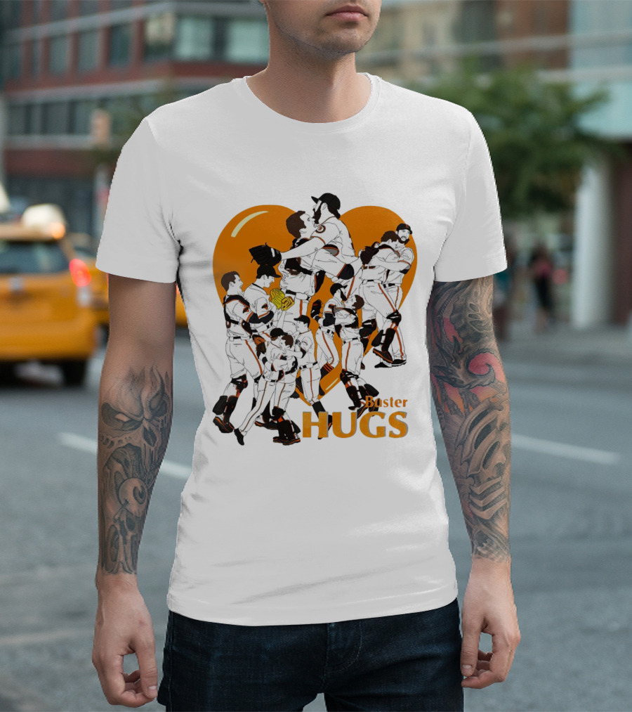 Buster Hugs San Francisco Giants Orange Heart Players Embrace T-Shirt