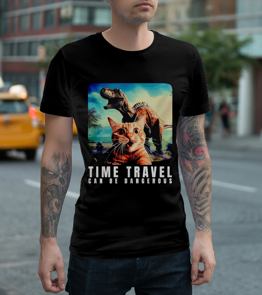Time Travel Cat with Dinosaur Adventure Can Be Dangerous T-Shirt