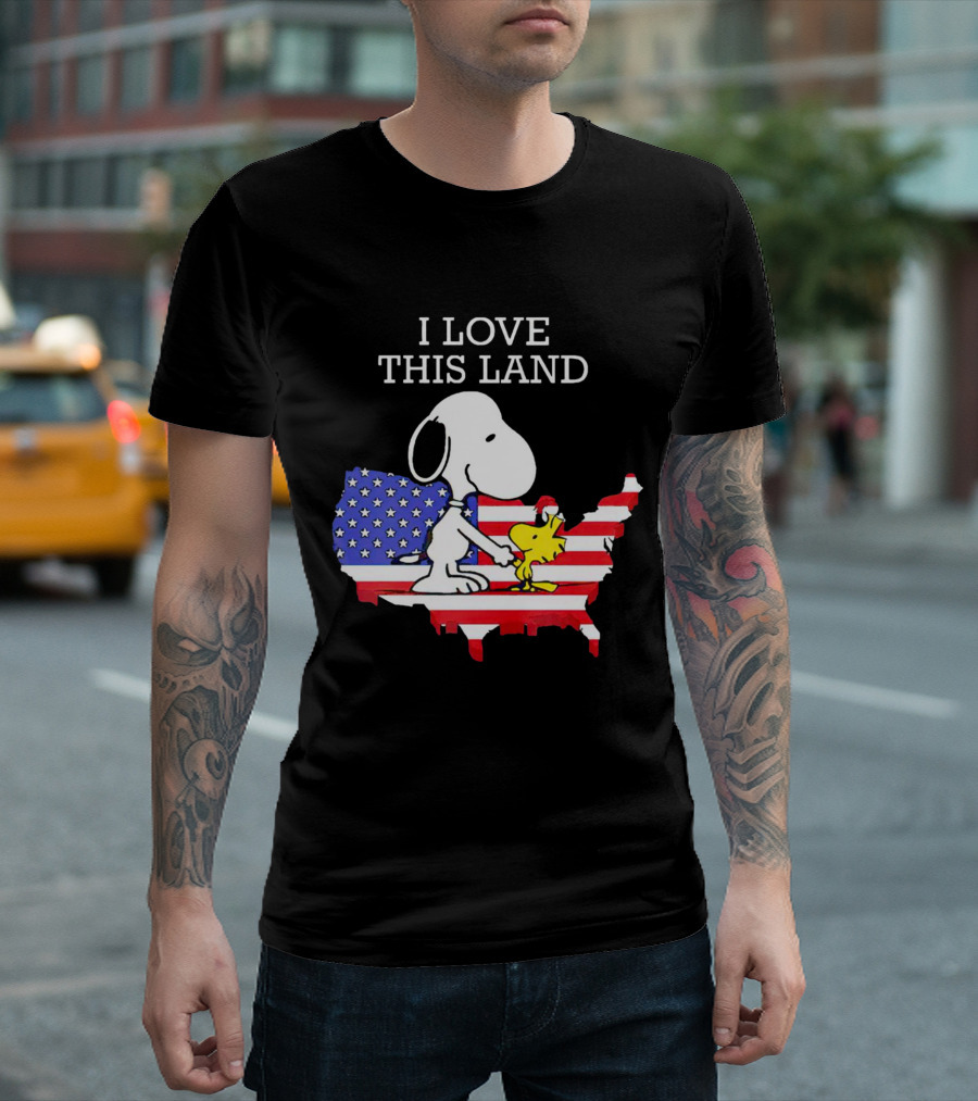 Snoopy Woodstock I Love This Land American Flag USA Map T-Shirt