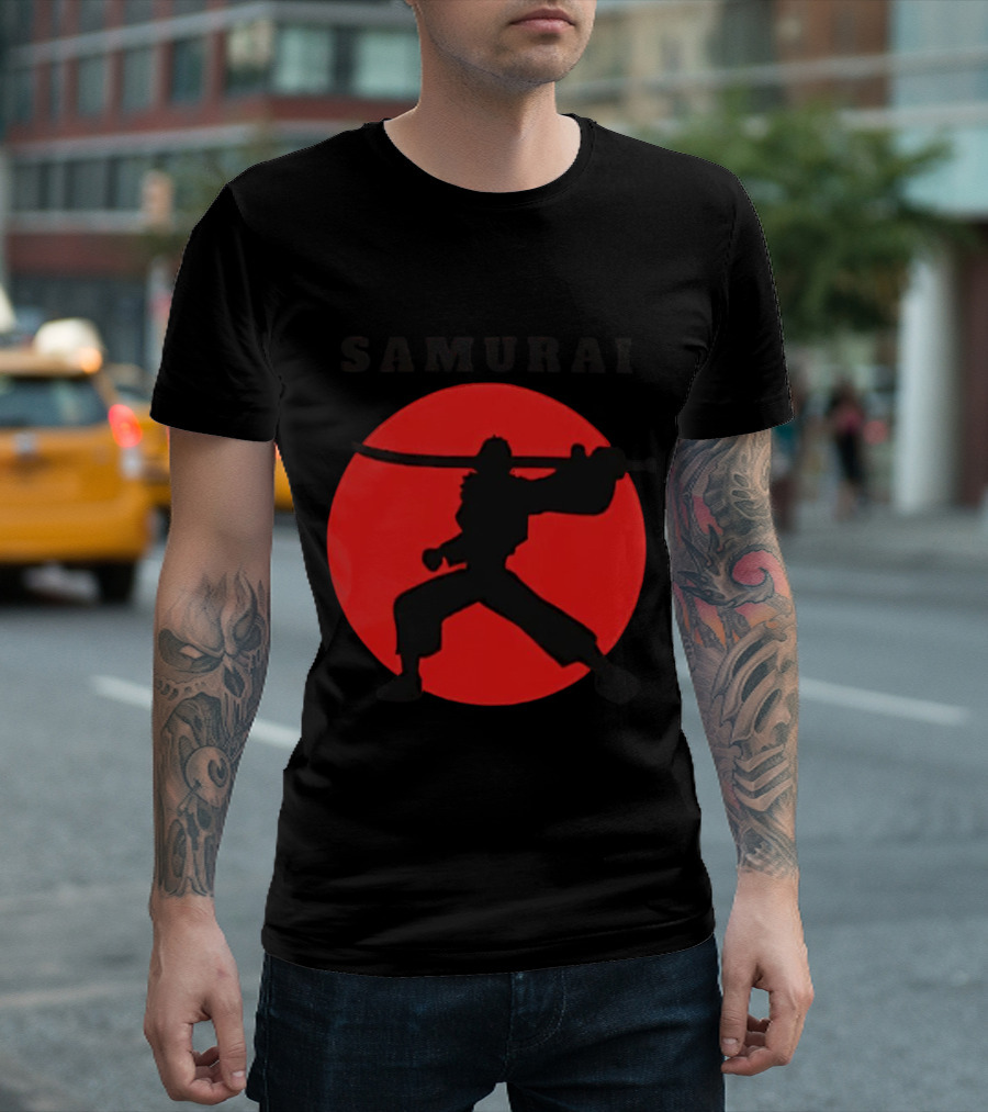 Samurai Silhouette with Red Sun Background T-Shirt