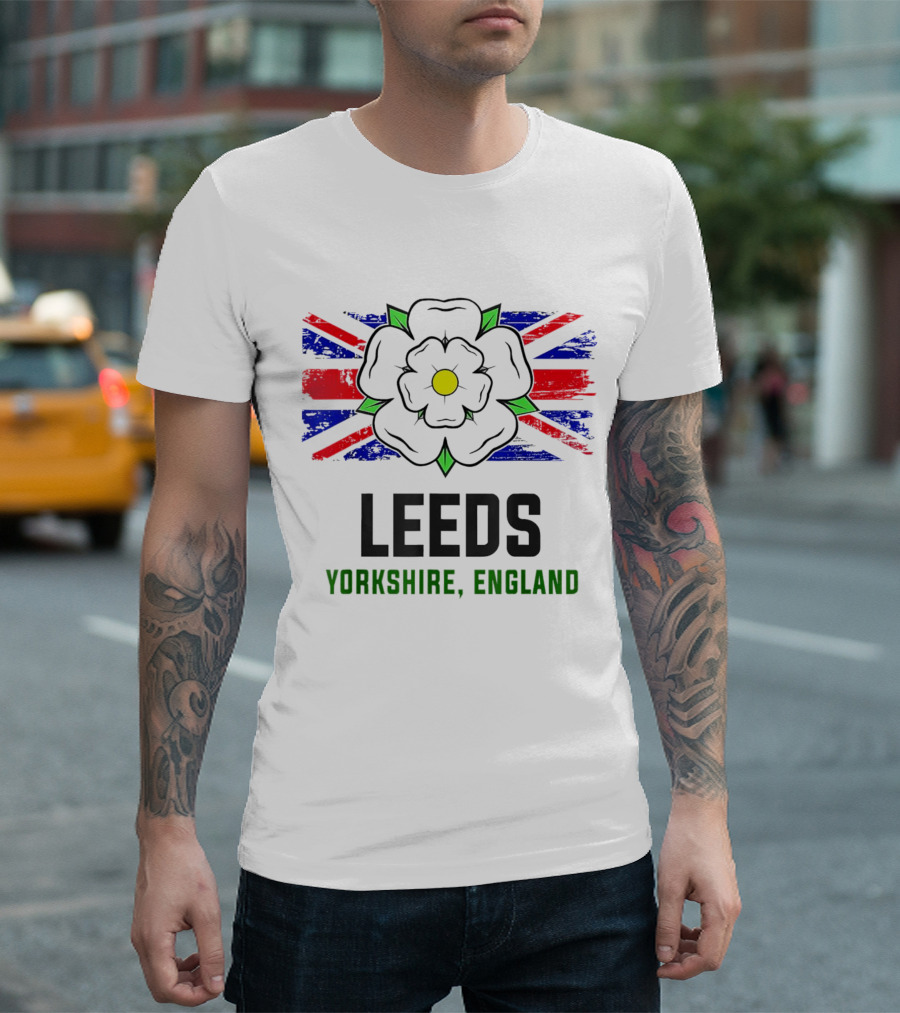 Leeds Yorkshire England Black Rose Union Jack T-Shirt