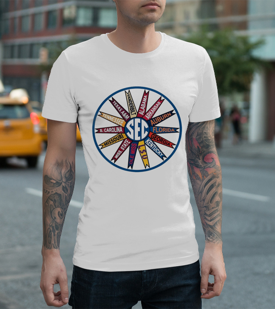 SEC Southeastern Conference Vintage Pinwheel Design Featuring Alabama Florida Georgia LSU and More T-Shirt
