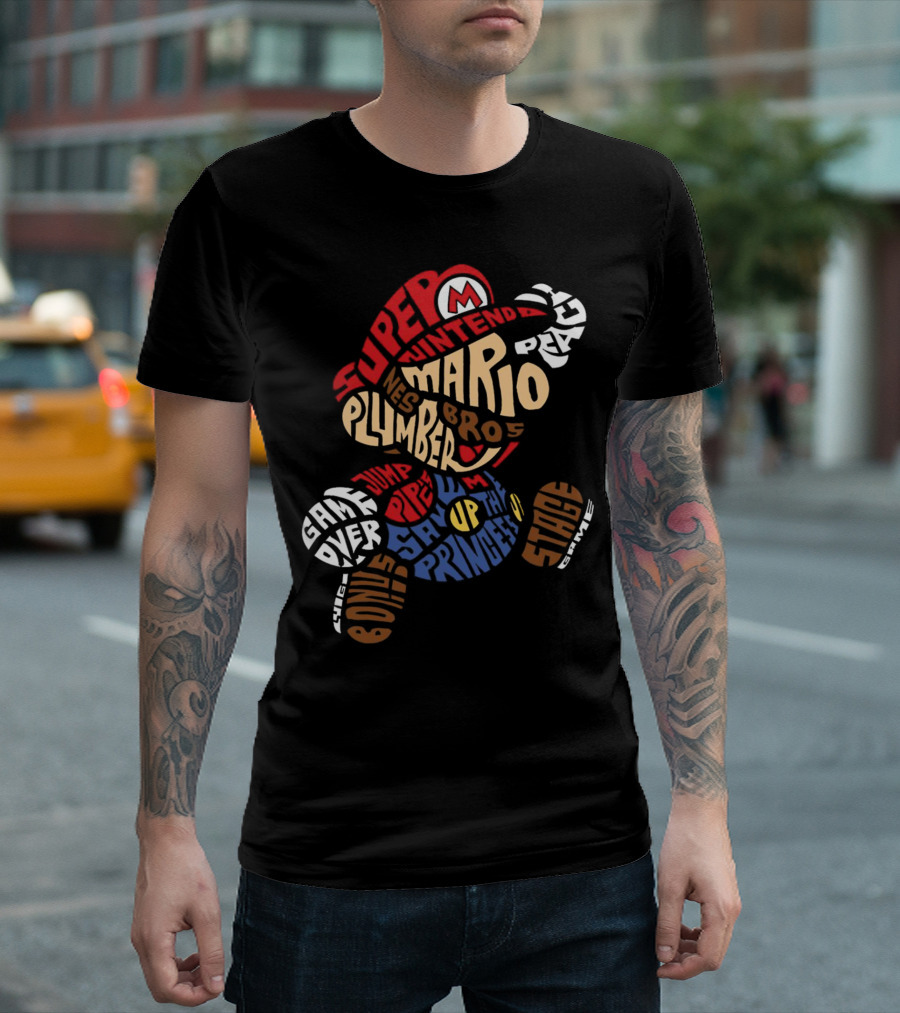 Super Nintendo Mario Bros Plumber Jump Stage Game Typography T-Shirt