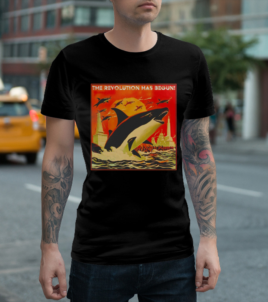 The Revolution Has Begun Orca Tower Attack With Jumping Killer Whales And Red Sky T-Shirt