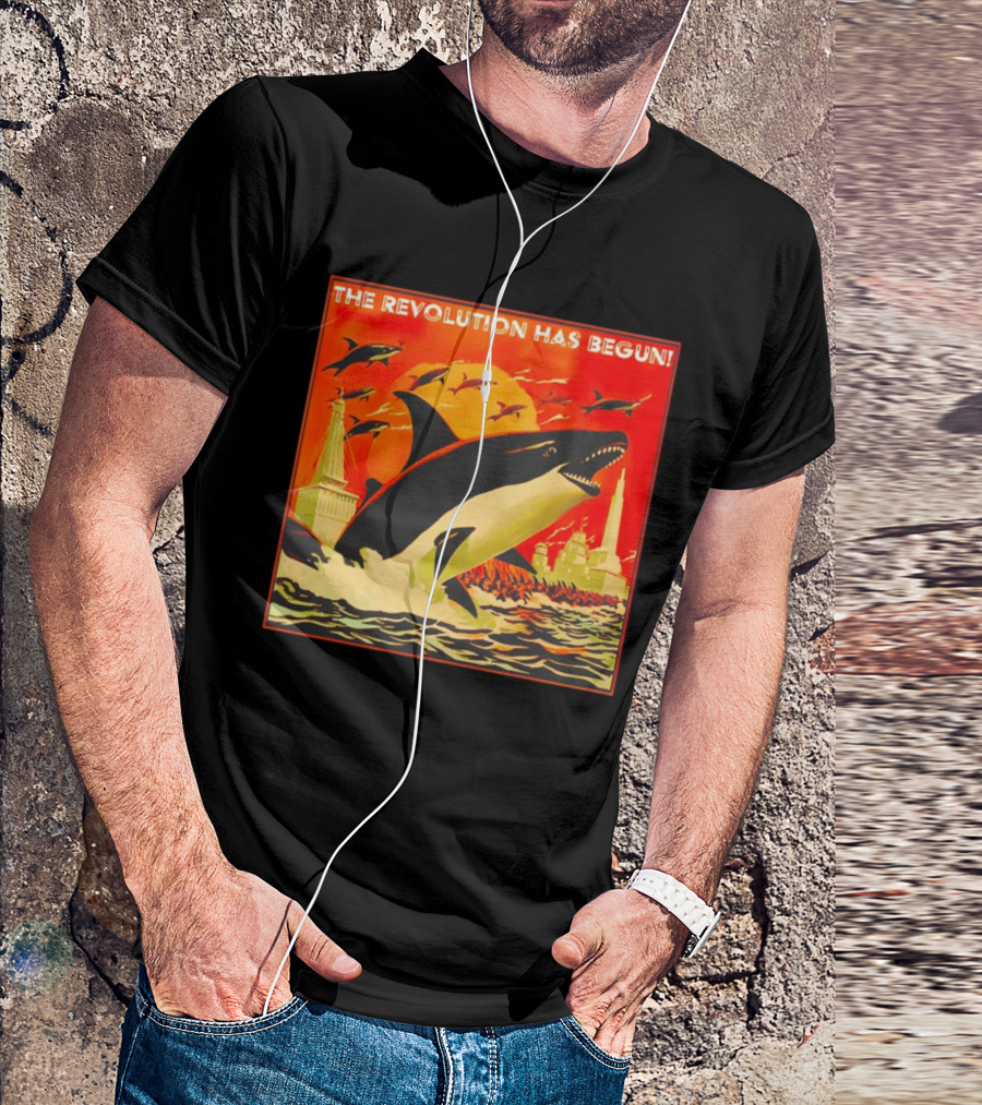 The Revolution Has Begun Orca Tower Attack With Jumping Killer Whales And Red Sky T-Shirt