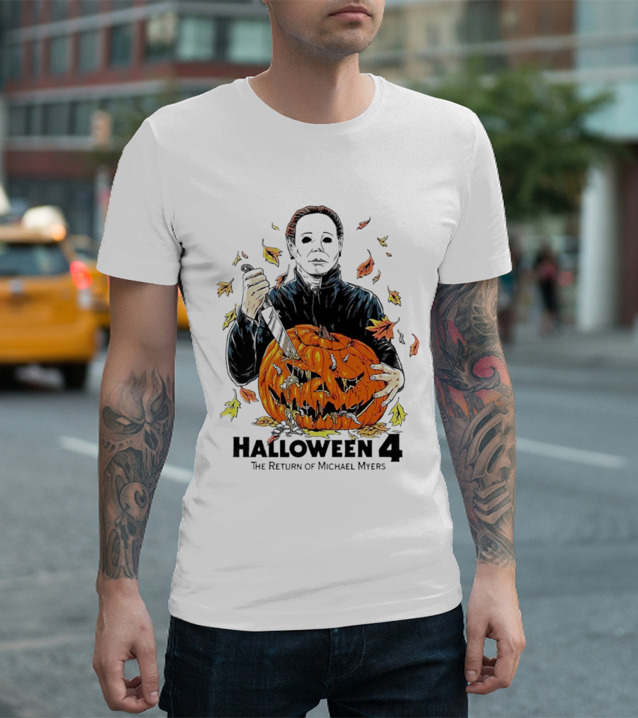 Halloween 4 The Return Of Michael Myers Knife-Wielding Michael With Carved Pumpkin And Autumn Leaves T-Shirt