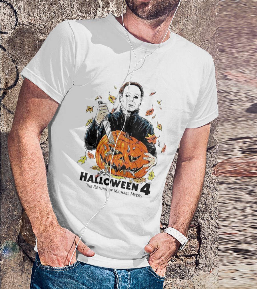 Halloween 4 The Return Of Michael Myers Knife-Wielding Michael With Carved Pumpkin And Autumn Leaves T-Shirt