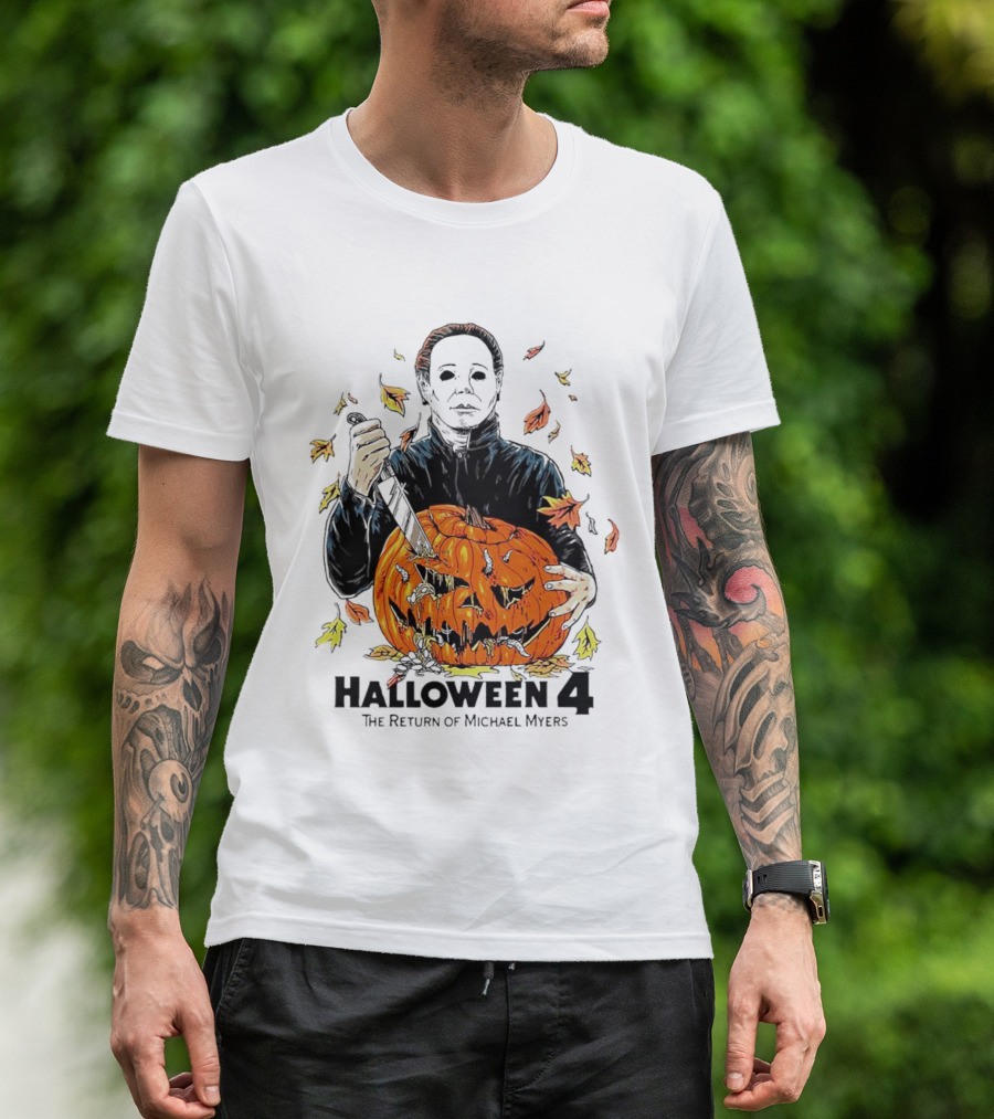 Halloween 4 The Return Of Michael Myers Knife-Wielding Michael With Carved Pumpkin And Autumn Leaves T-Shirt