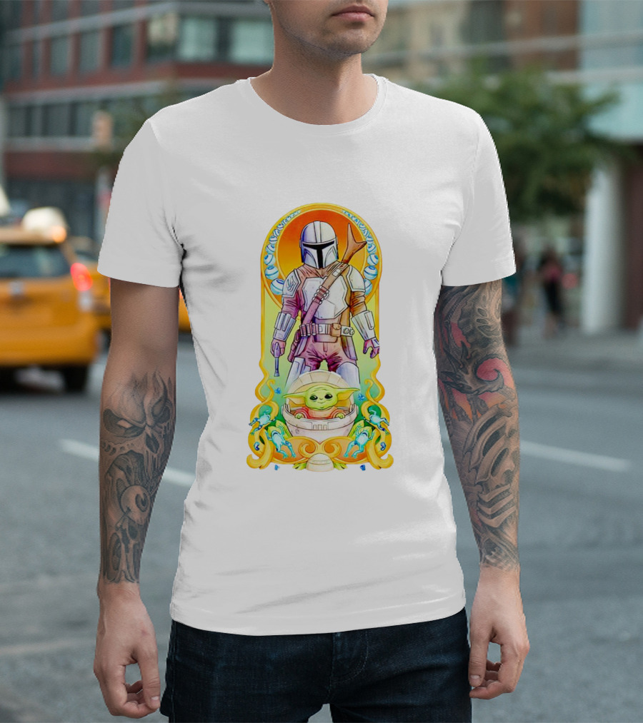 Art Nouveau Style Mando and Grogu Mandalorian T-Shirt