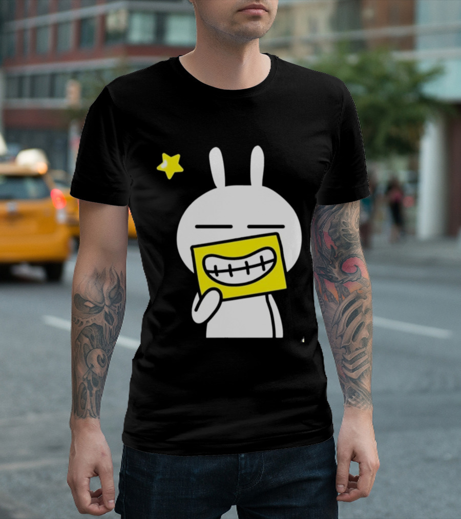 Tuzki Holding Fake Smile Cartoon Character with Star T-Shirt