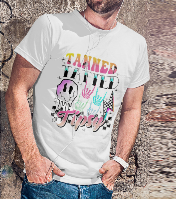 Tanned Tatted Tipsy Colorful Skeleton Hands Melting Smiley T-Shirt