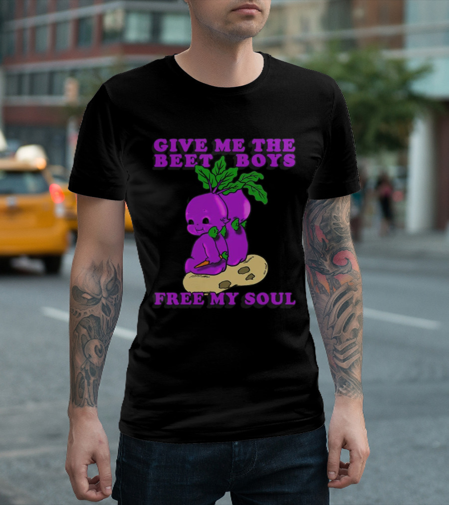 Give Me the Beet Boys Free My Soul Purple Vegetables with Carrots T-Shirt