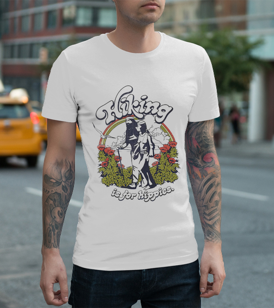 Hiking Is For Hippies Vintage Floral Rainbow Scene T-Shirt