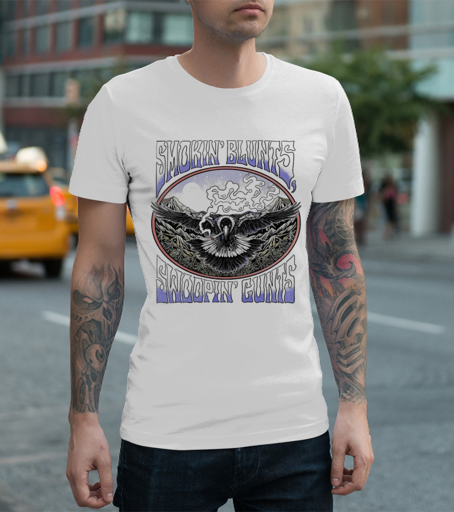 Smokin’ Blunts Swoopin’ Gunts Raven with Smoky Mountains and Clouds T-Shirt